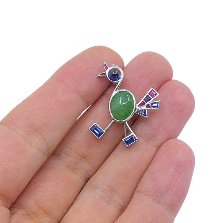 Vintage Modernist 14k White Gold Multigemstone Bird Brooch