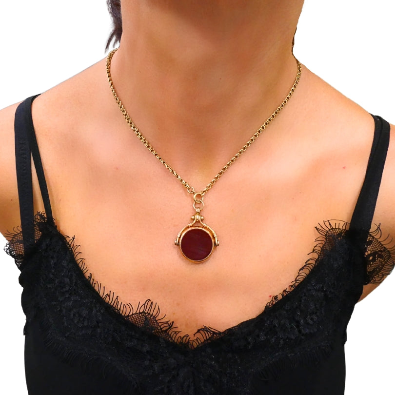 Antique 9k Gold Carnelian Bloodstone Pendant  14k Gold Chain Necklace