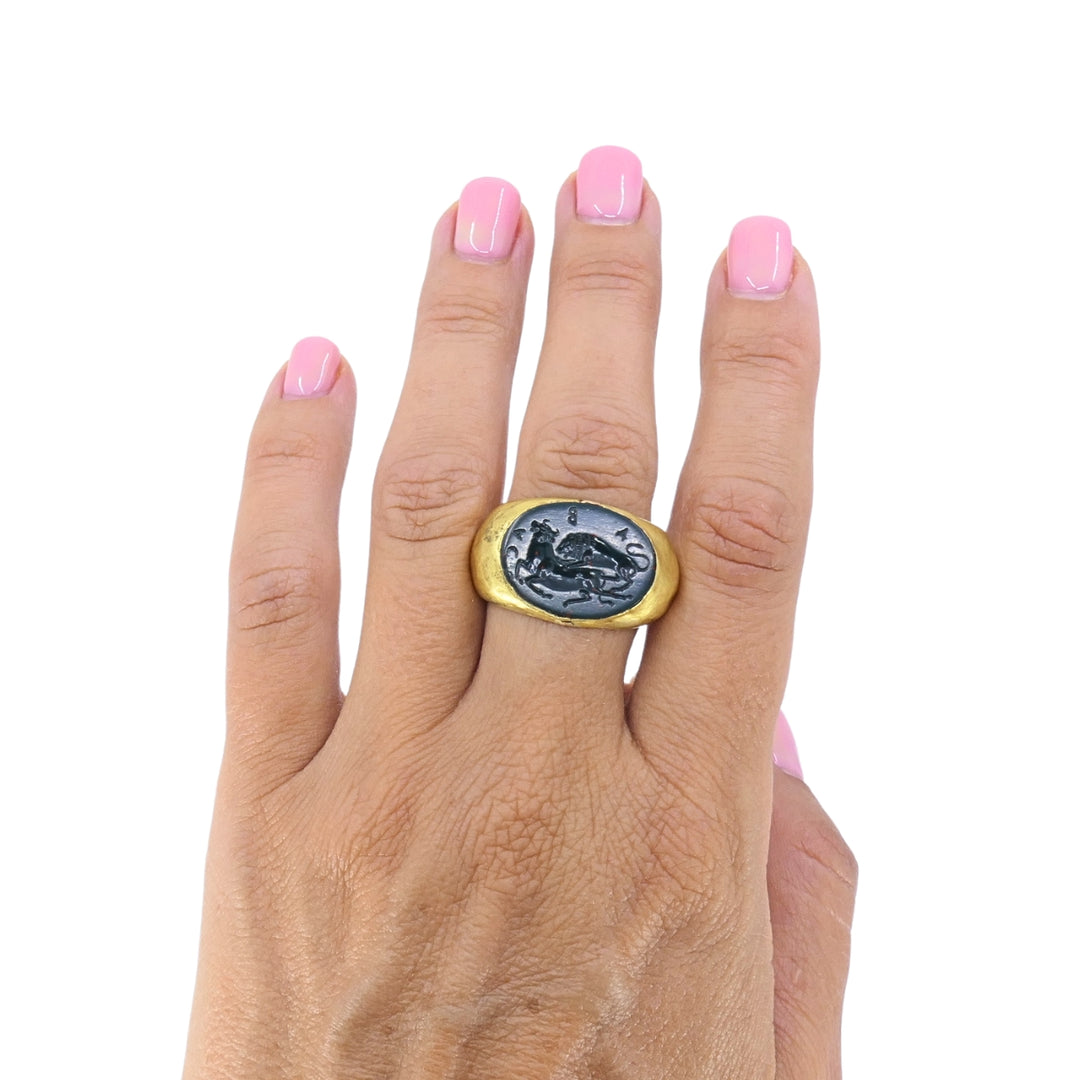 22k Gold Oval Intaglio Lion Bull Signet Ring Greek & Roman Inspired Design