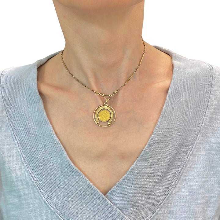 Victorian Revival 14k Gold Indian Princess Dollar Horseshoe Pendant Necklace