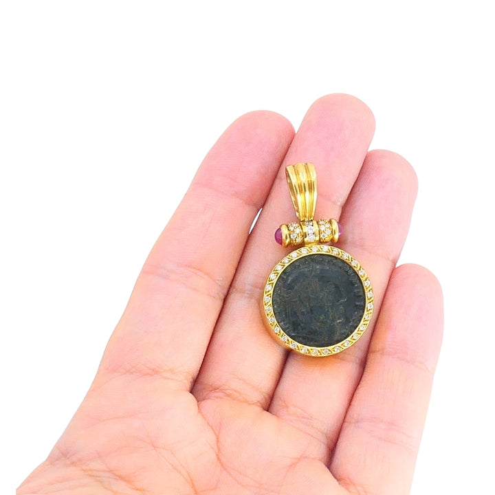 Ancient Coin 18k Gold  Diamond  Ruby Pendant