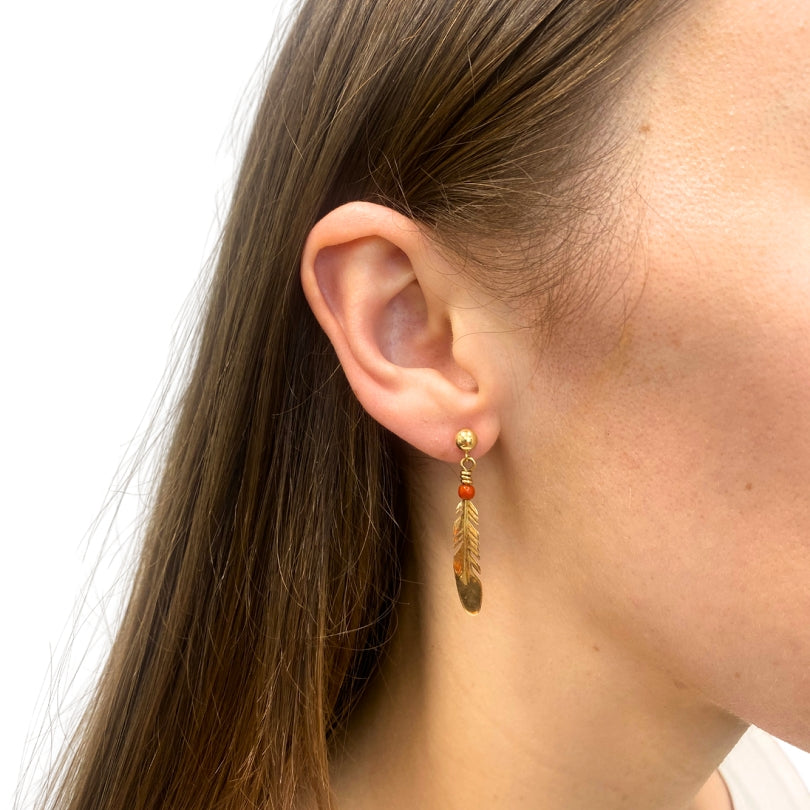 Ray Tracey 14k Gold Navajo Feather Drop Earrings Coral Beads