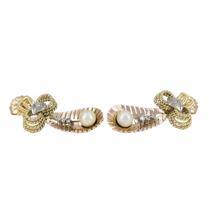 Retro 14k Tri Color Gold Diamond & Pearl Earrings Circa 1940s