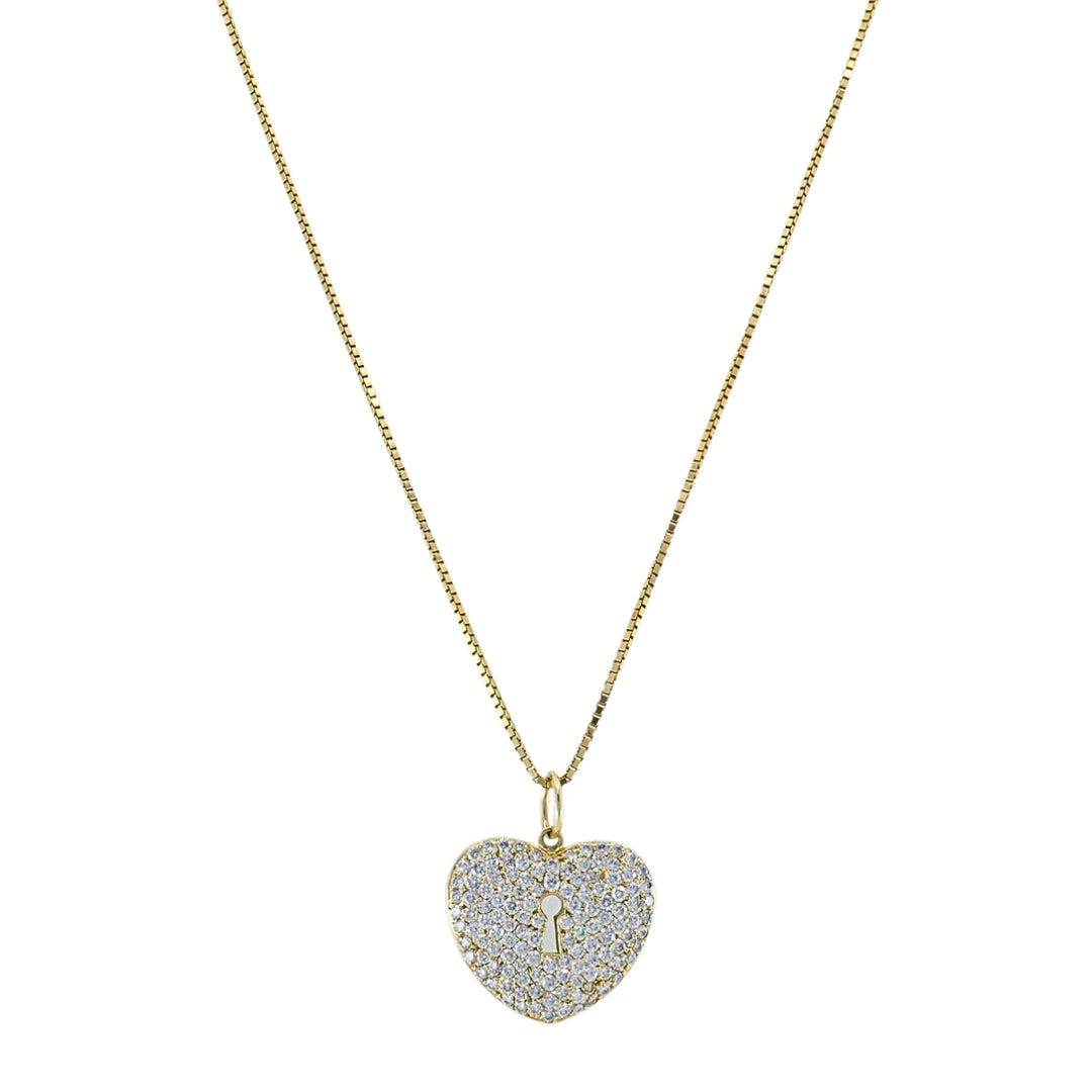 Vintage 18k Gold Pavé Diamond Heart Lock Pendant Necklace 14k Box Chain