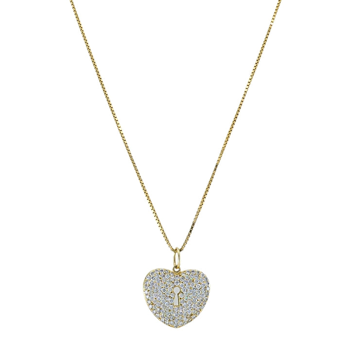 Vintage 18k Gold Pavé Diamond Heart Lock Pendant Necklace 14k Box Chain
