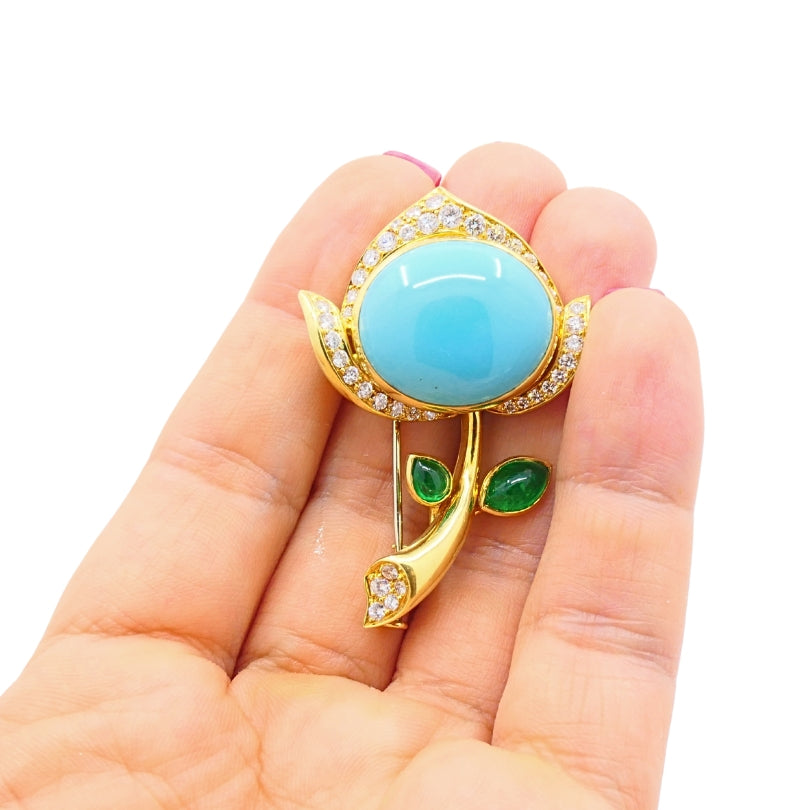 Bvlgari Bulgari 18k Gold Turquoise Flower Brooch Emerald Diamond Accents