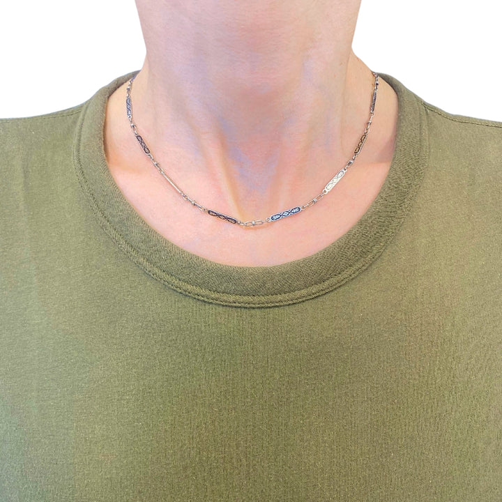 14k White Gold Chain Necklace Black Enamel