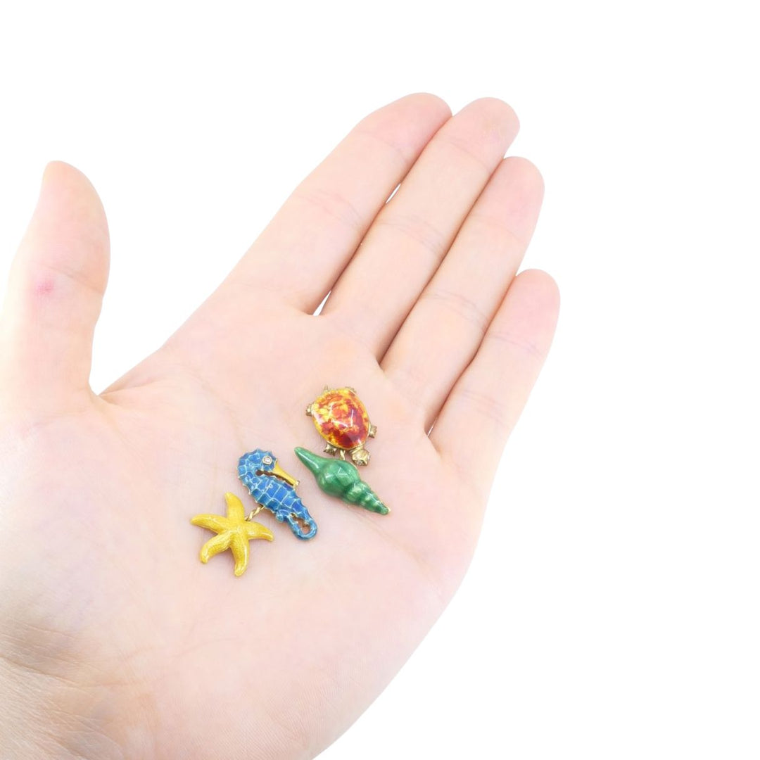 Vintage LOZ 18k Gold Enamel Turtle Seahorse Starfish Shell Cufflinks