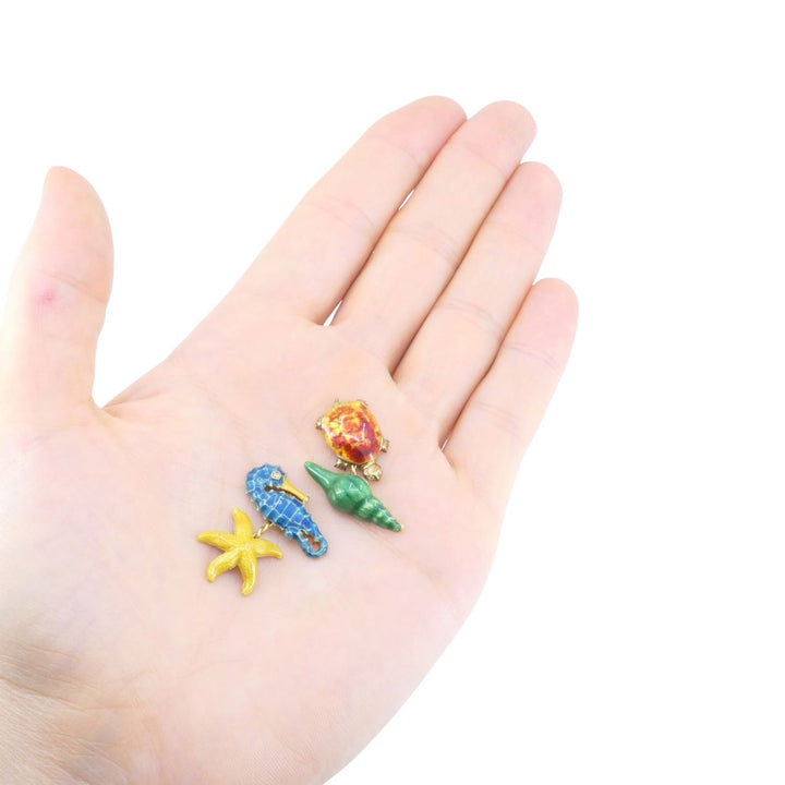 Vintage LOZ 18k Gold Enamel Turtle Seahorse Starfish Shell Cufflinks