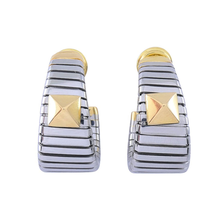 Bvlgari 18k Yellow Gold & Steel Tubogas Pyramid Hoop Earrings