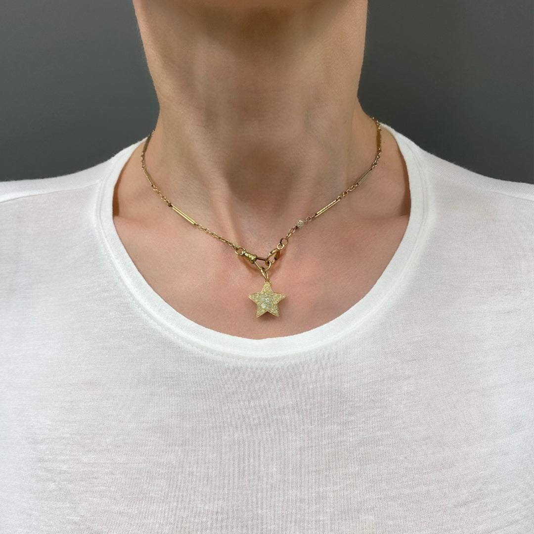 14k Gold Diamond Pavé Star Pendant on Antique Bar‑Link Chain