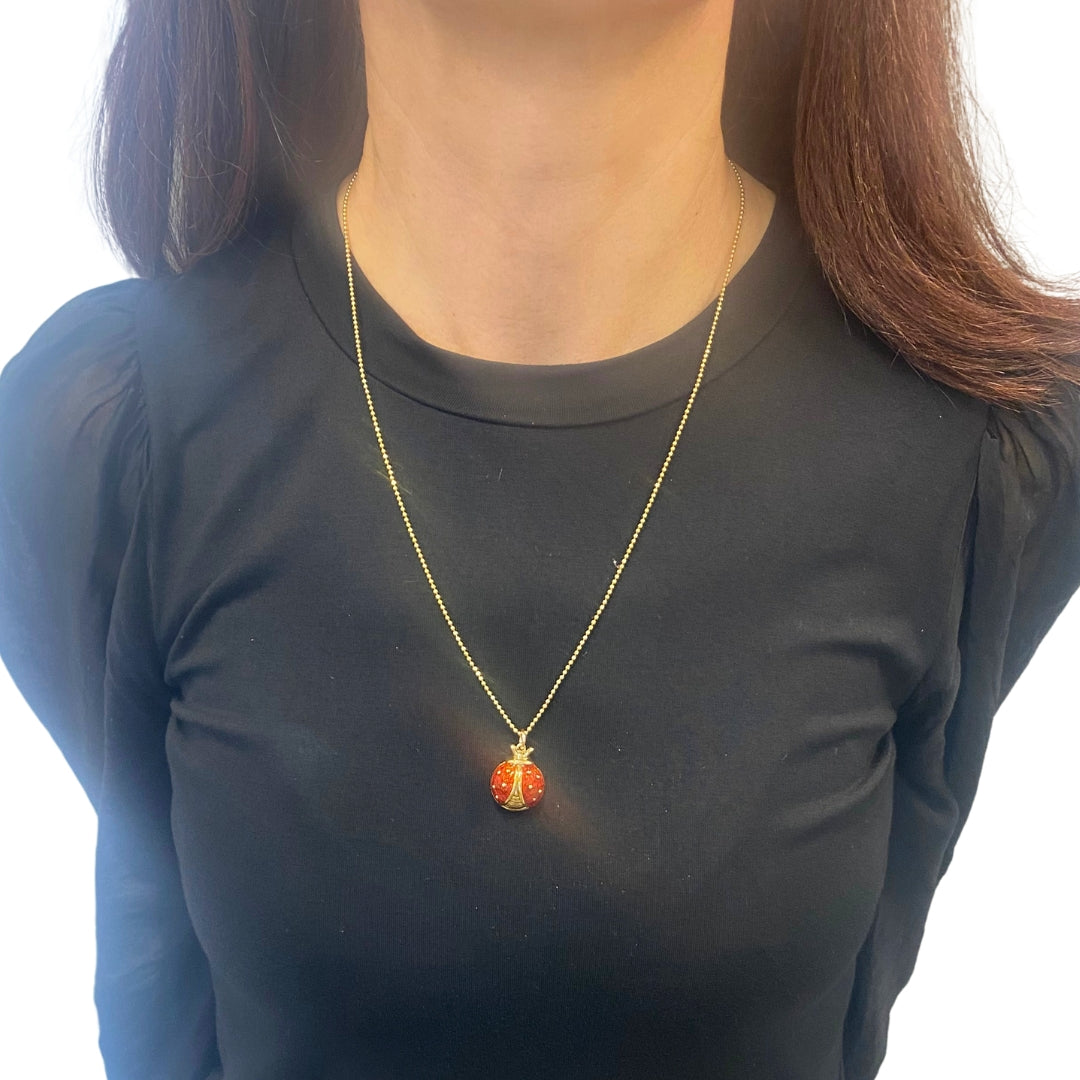 18k Gold Enamel Ladybug Pendant 14k Gold Chain Necklace