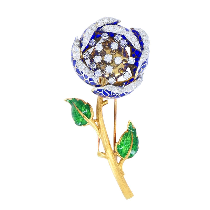 Vintage 18k Gold Diamond Enamel Flower Pendant Clip Brooch