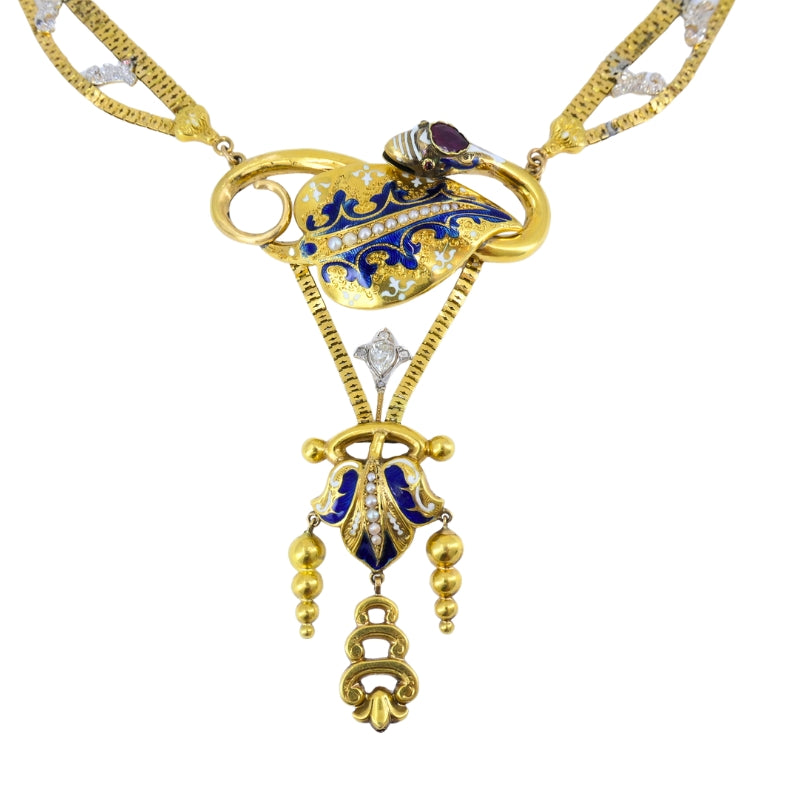 Victorian Gold Snake Necklace Diamond Ruby Enamel, 1900s Antique