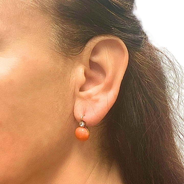 Antique 14k Gold Coral Diamond Accent Drop Earrings