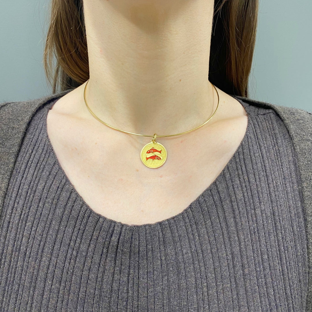 Vintage 18k Gold Red Enamel Necklace Pisces Pendant Zodiac Medallion