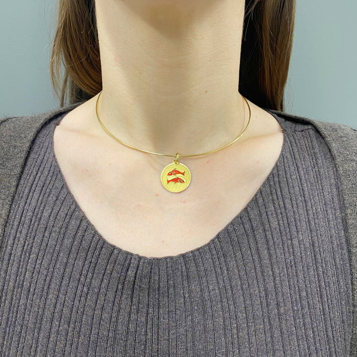 Vintage 18k Gold Red Enamel Necklace Pisces Pendant Zodiac Medallion