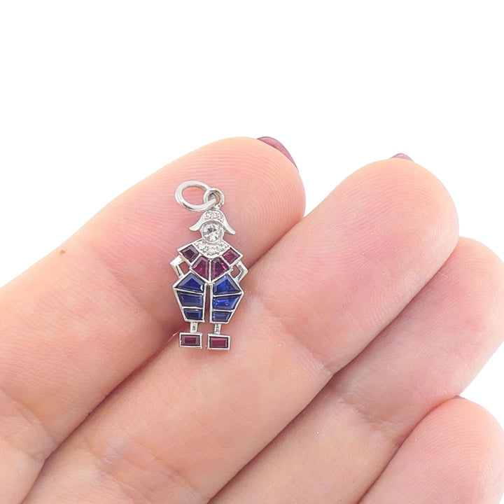 Antique Platinum Pierrot Charm Diamond & Calibré-Cut Gemstones