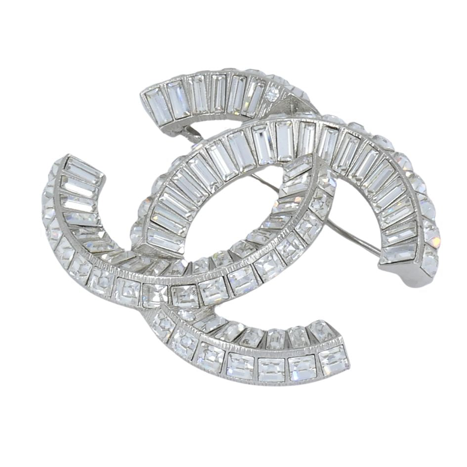 Chanel CC Logo Crystal Silver Pin Brooch