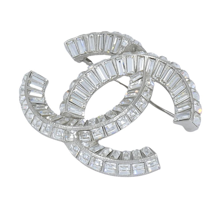 Chanel CC Logo Crystal Silver Pin Brooch