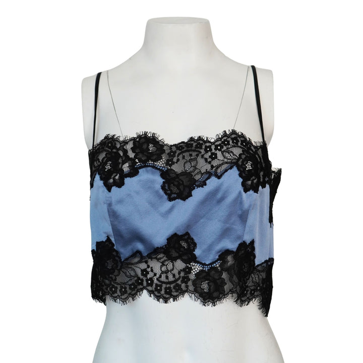 Fleur du Mal Blue Silk Black Lace Cropped Tank Top