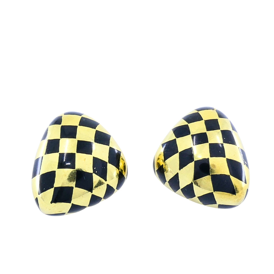 Tiffany & Co. 18k Gold Black Inlay Checkerboard Clip-On Earrings