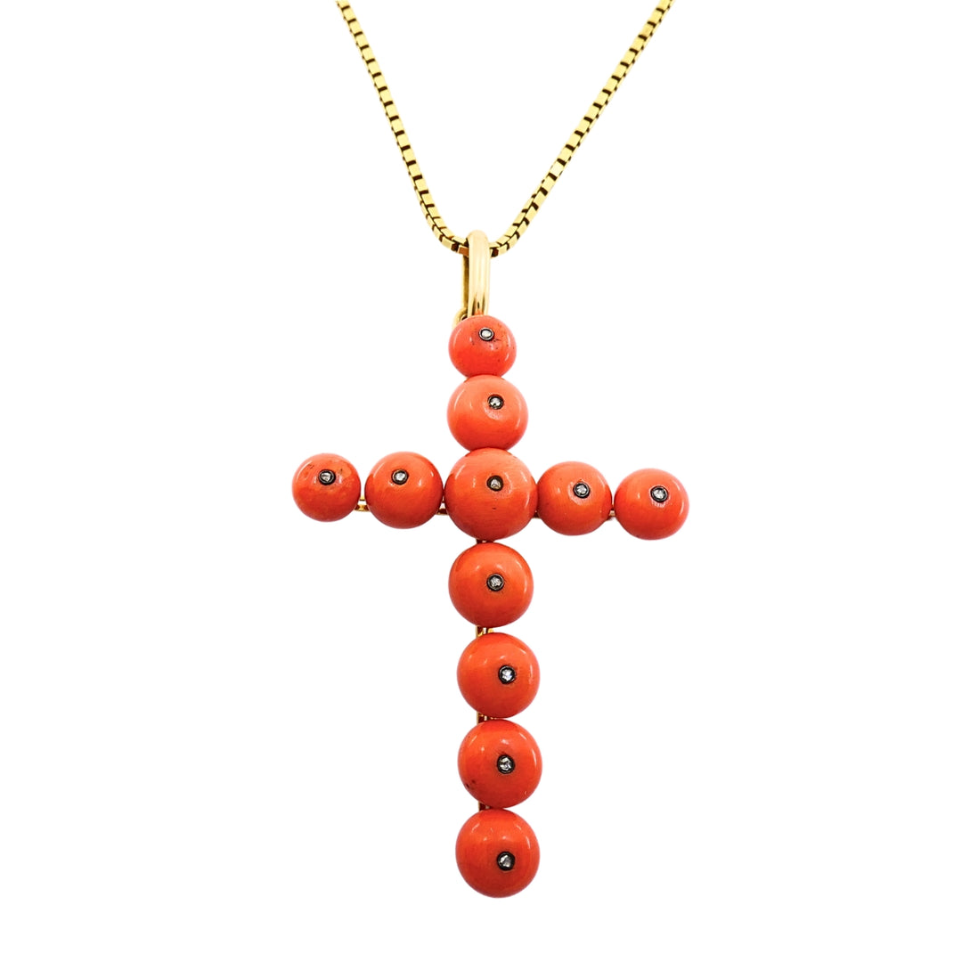 Victorian 18k Gold Coral Diamond Accent Cross Pendant Necklace 14k Gold Chain
