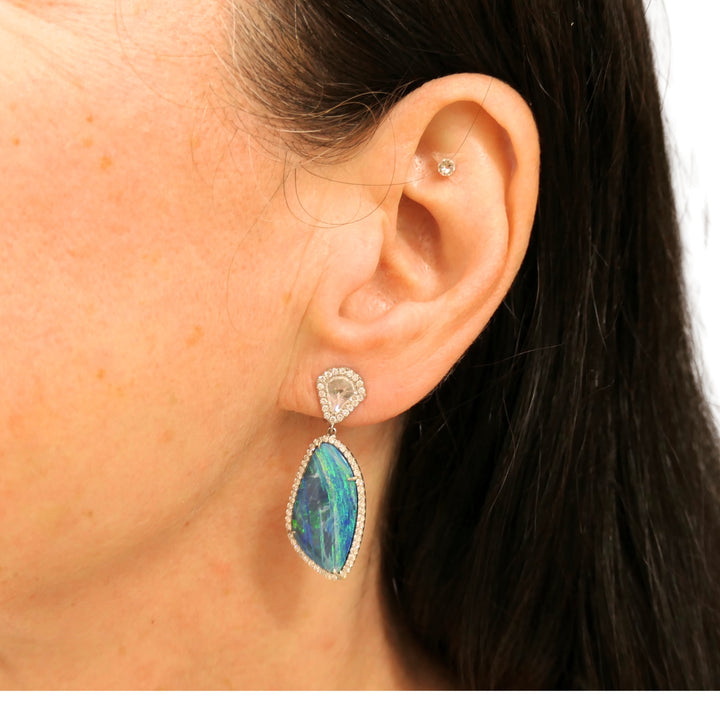 Spectacular Australian Boulder Opal Diamond 18K White Gold Drop Earrings – Electric Blue & Green