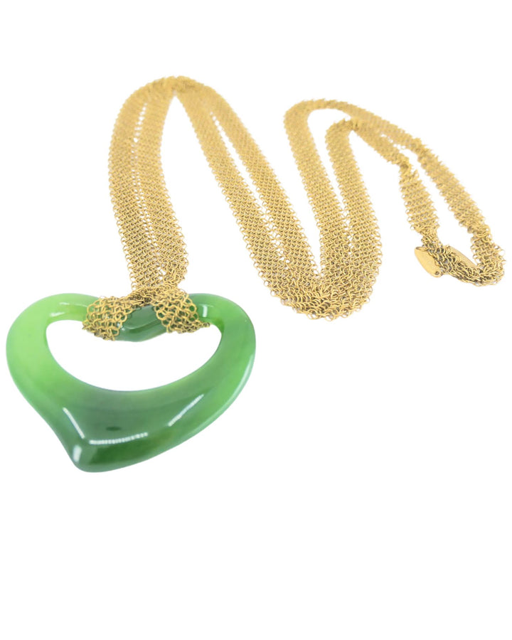 Tiffany & Co. Elsa Peretti 18k Gold Jade Open Heart Pendant Mesh Necklace