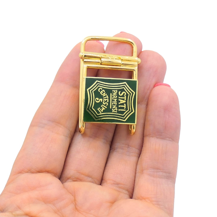 Vintage Belt Buckle Pendant 14k Gold Green Enamel