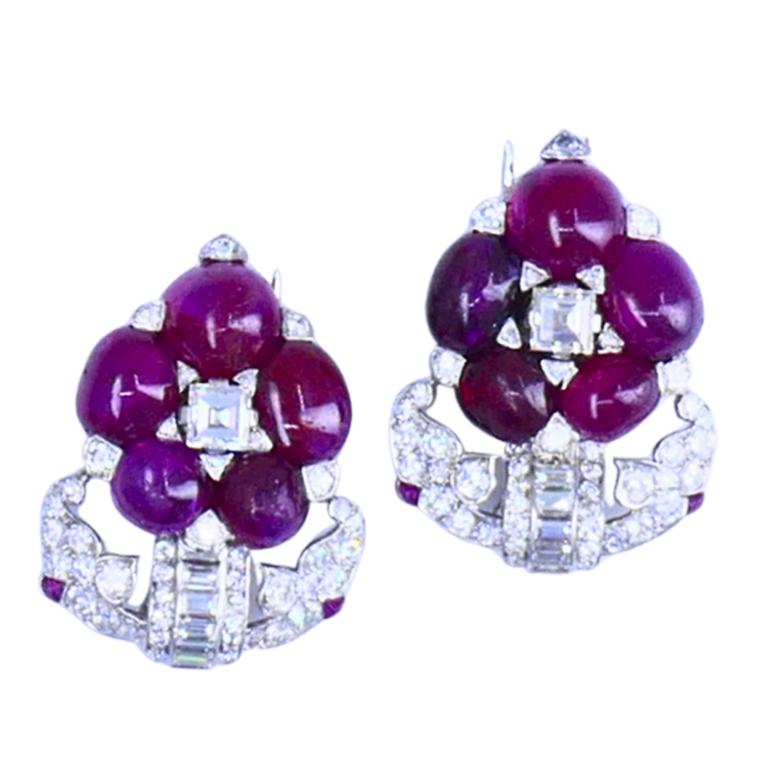 Art Deco No-Heat Cabochon Ruby Diamond Platinum Double Clip Brooch Pair