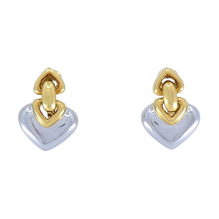 Bvlgari 18k Yellow Gold & Steel Doppio Cuore Heart Drop Bulgari Earrings