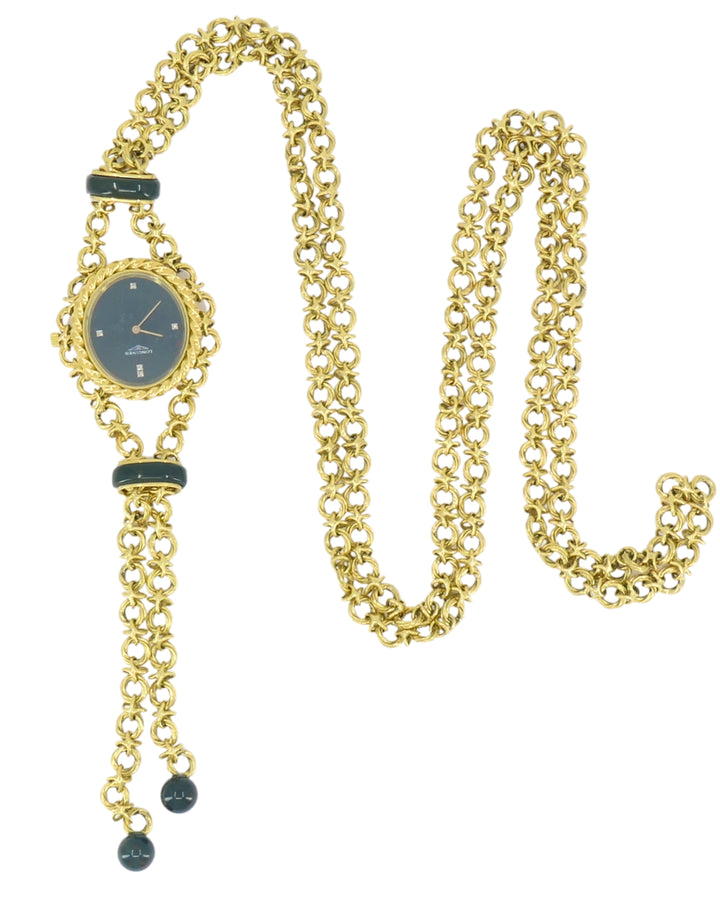 Vintage Diamond Longines Watch Pendant Bloodstone 18k Gold Chain Necklace