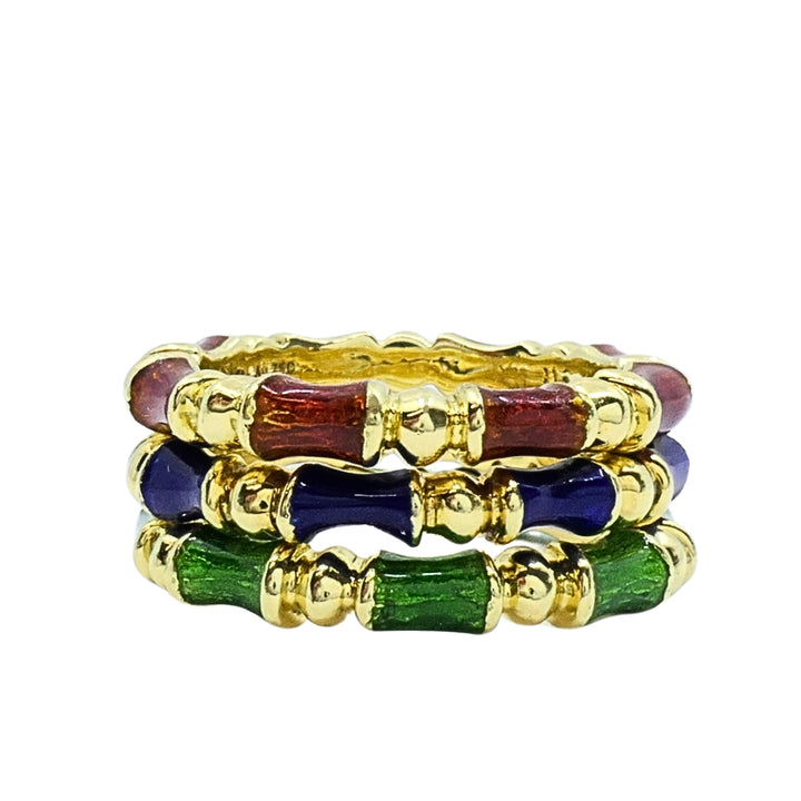 Tiffany & Co. Enamel Bamboo Stacking Rings 18k Yellow Gold Blue Green & Red