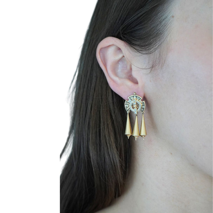 Victorian 14k Gold Enamel Seed Pearl Mechanical Drop Earrings
