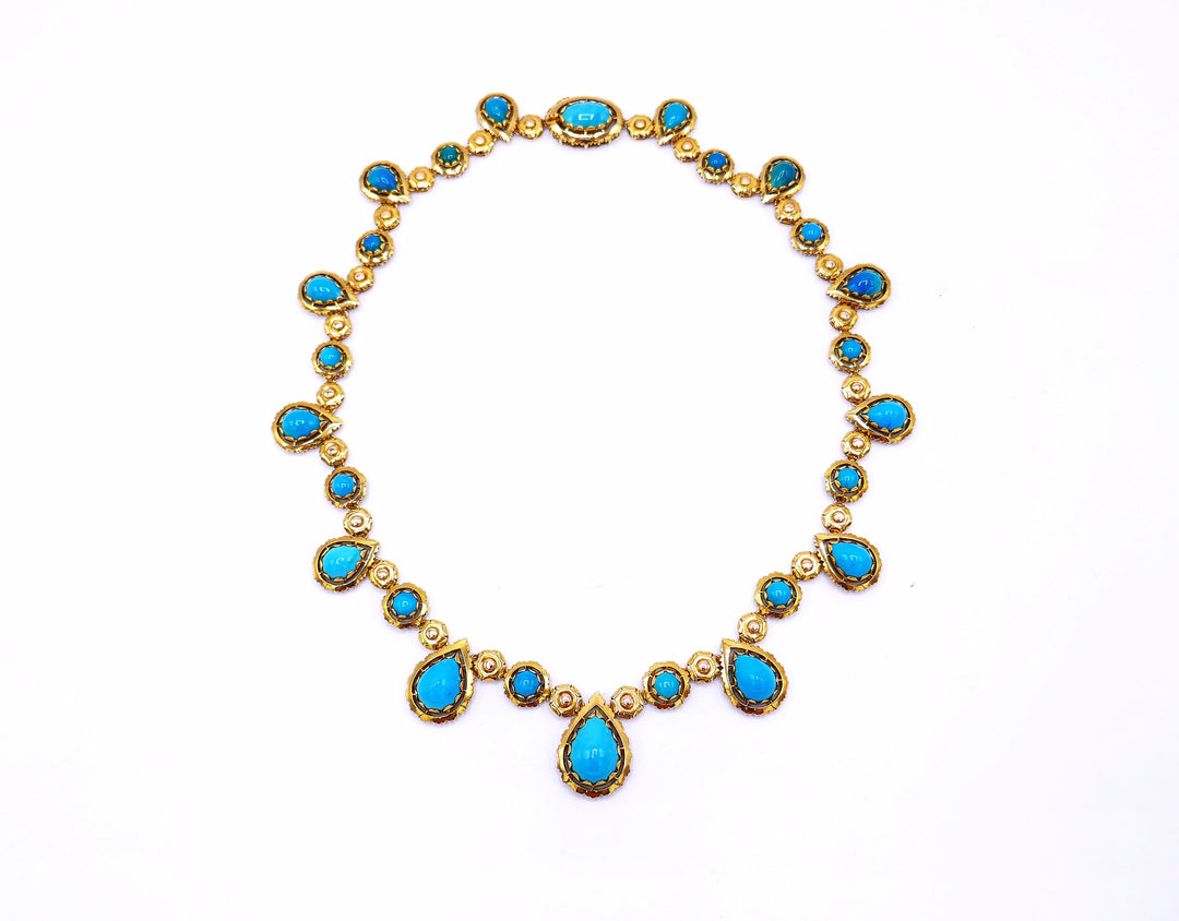 1970s Yellow Gold Turquoise Necklace Earrings Set