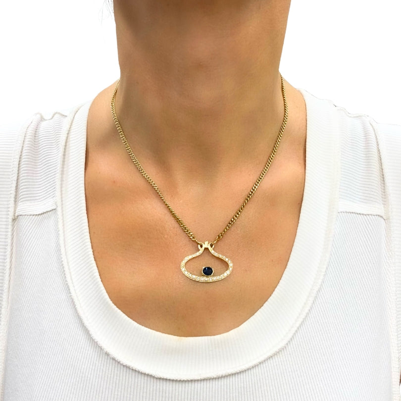 14k Gold Diamond Sapphire Pendant Necklace Eye Motif