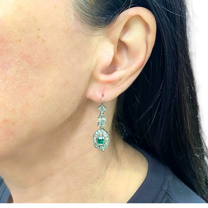 Art Deco-Style 12k White Gold Emerald Diamond Drop Earrings