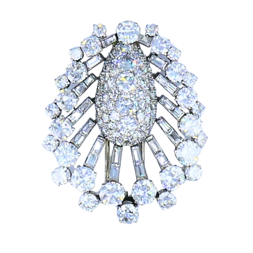 Vintage 1950s Platinum Diamond Peacock Brooch Clip Old European Baguette Cut
