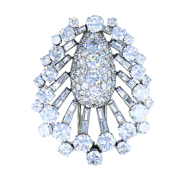 Vintage 1950s Platinum Diamond Peacock Brooch Clip Old European Baguette Cut