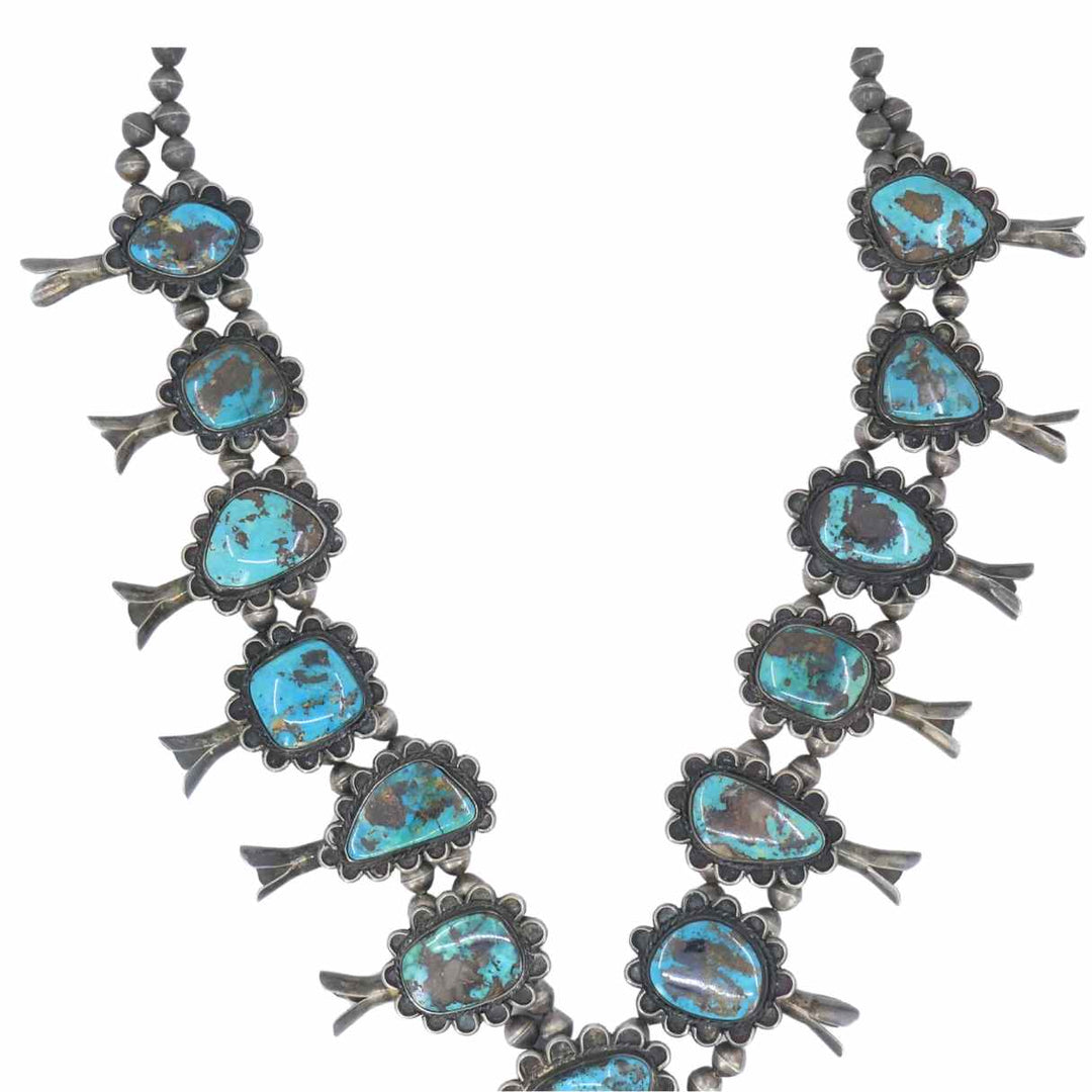 Navajo Sterling Silver Turquoise Signed Squash Blossom Necklace