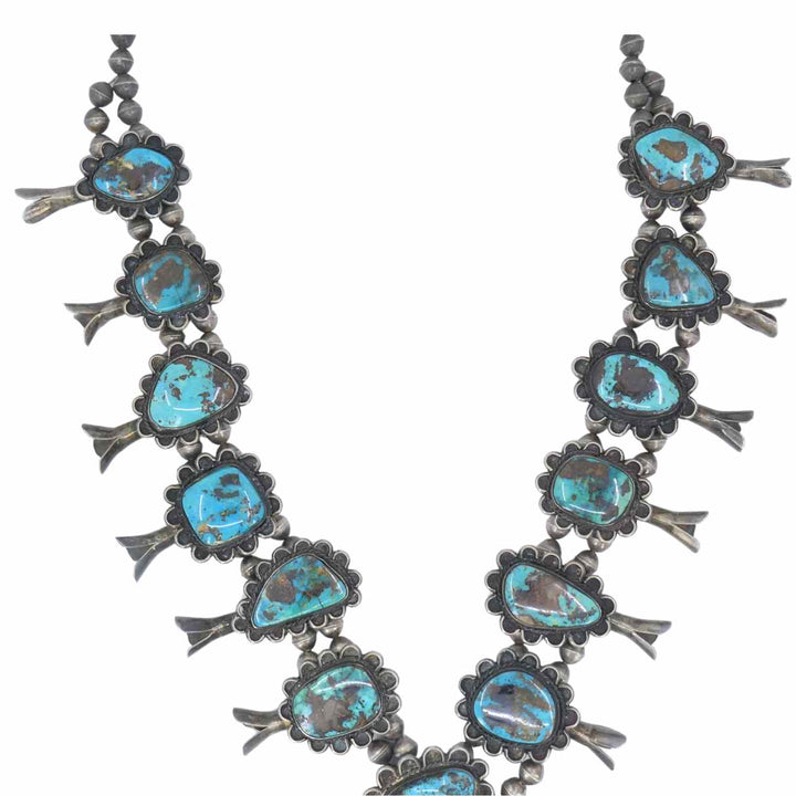 Navajo Sterling Silver Turquoise Signed Squash Blossom Necklace