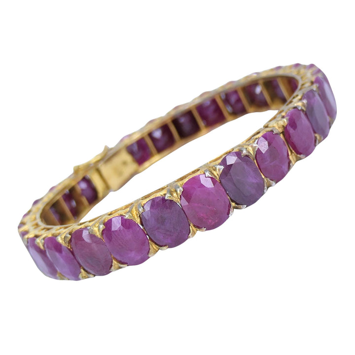 Vintage 18k Gold Ruby Hinged Bangle Bracelet Mid 20th century