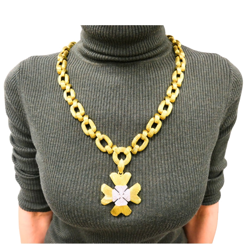 David Webb Necklace Sautoir Chain Oval Links 18k Gold Platinum Diamond Brooch