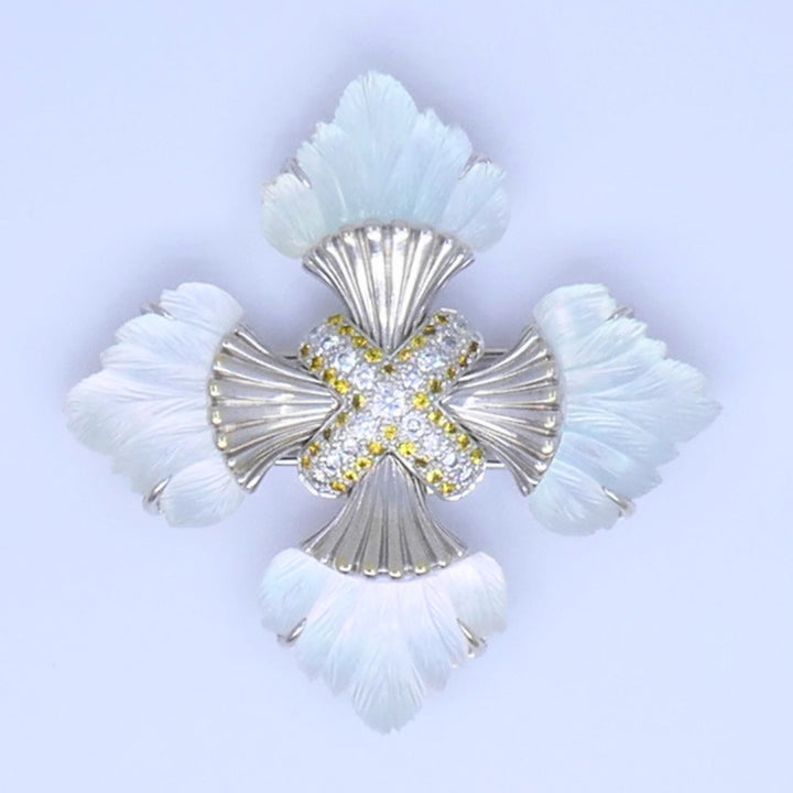 Seaman Schepps 18k Gold Diamond Maltese Cross Brooch Carved Rock Crystal Sapphire