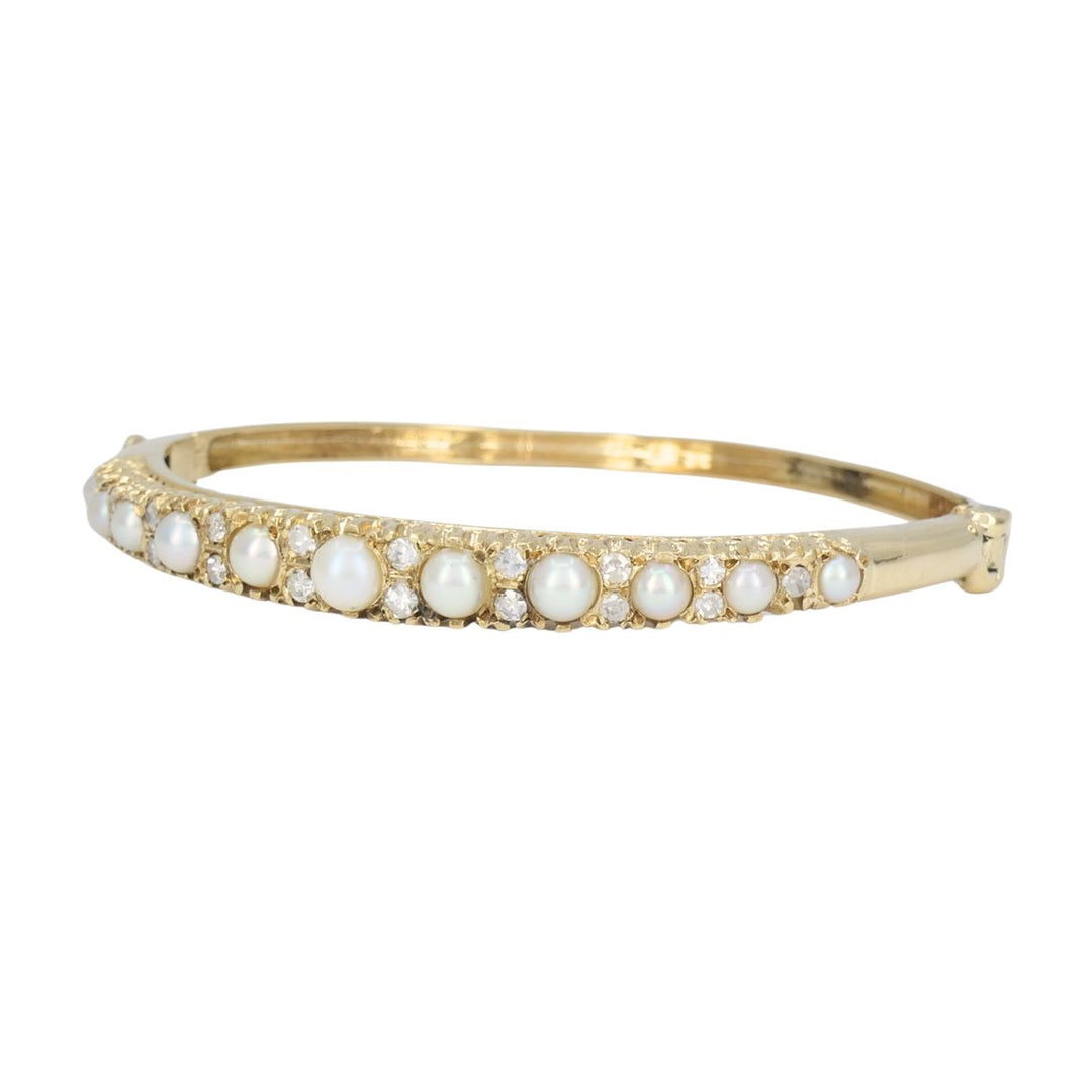 Antique Victorian 14k Yellow Gold Pearl Diamond Hinged Bangle Bracelet