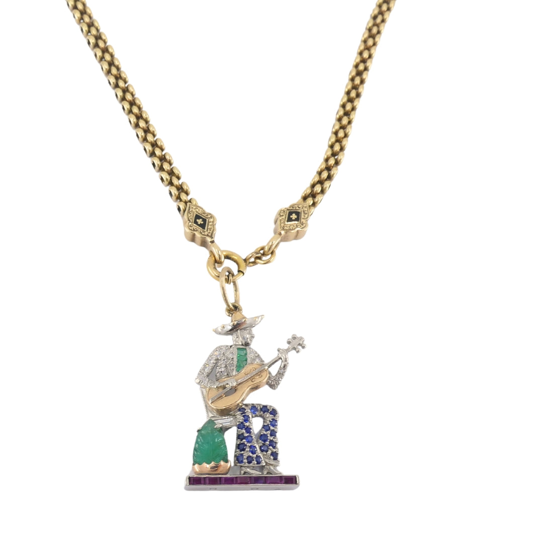 Antique 14k Gold Enamel Chain Necklace Platinum Pendant