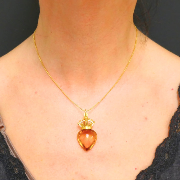 Heart and Crown Pendant Citrine 14k Gold Necklace