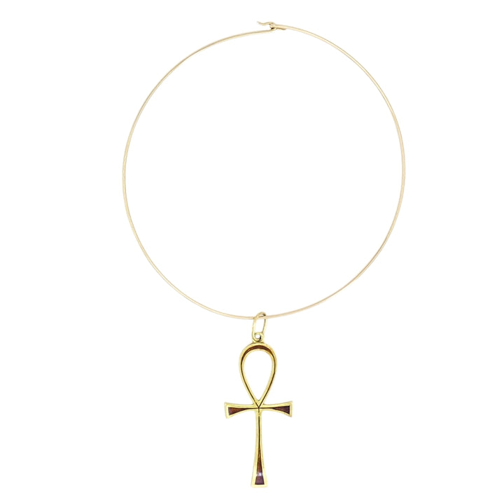 Ankh Cross Pendant 18k Gold Enamel and 14k Gold Wire Choker Necklace
