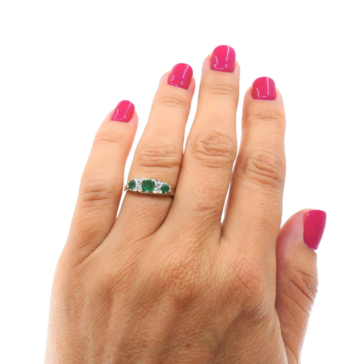 Vintage 9k Gold Emerald Diamond Three-Stone Ring